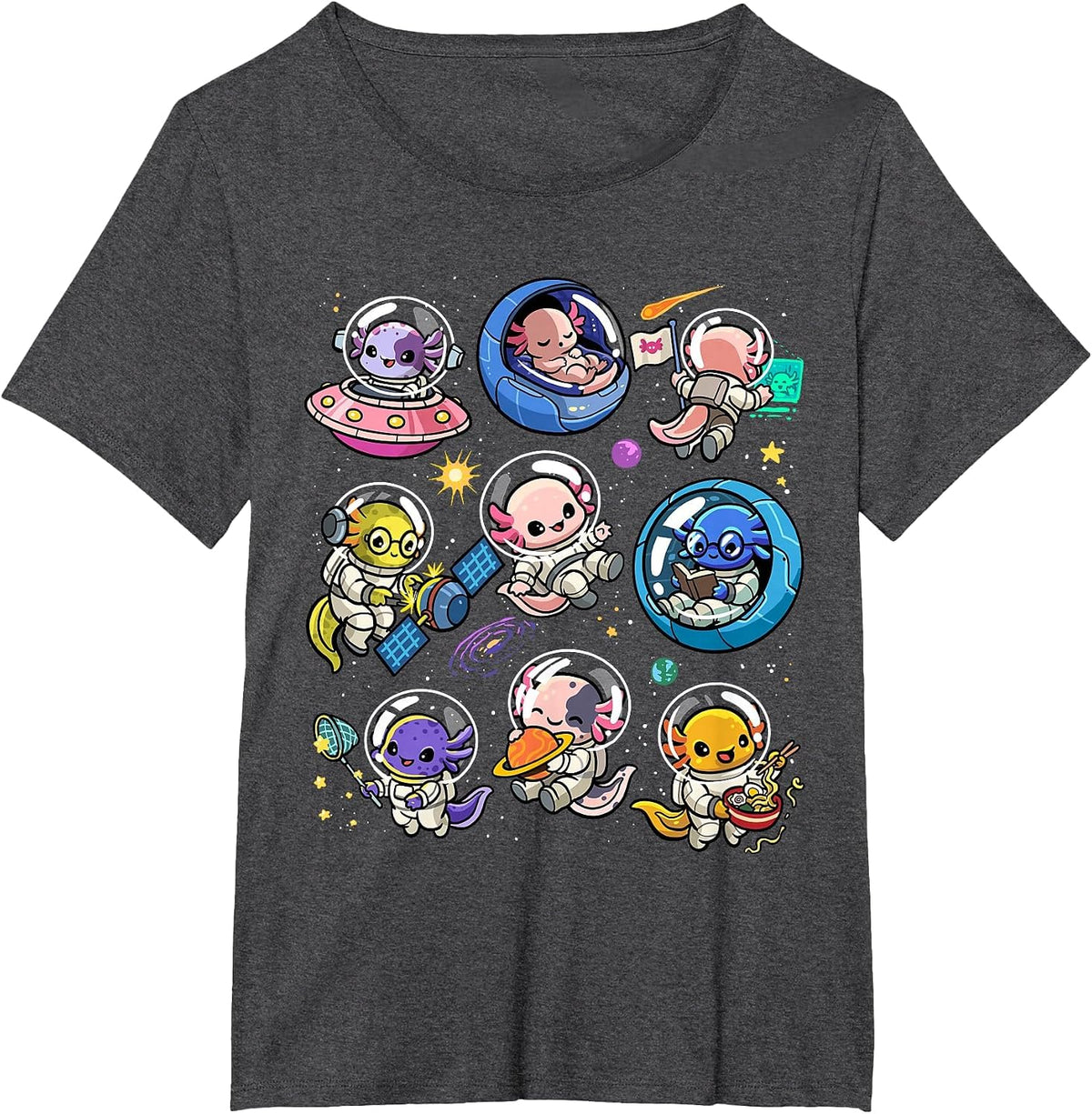 Space Axolotls Cute Galaxy Astronaut Axolotl Animal Planets T-Shirt - Dark Heather Grey