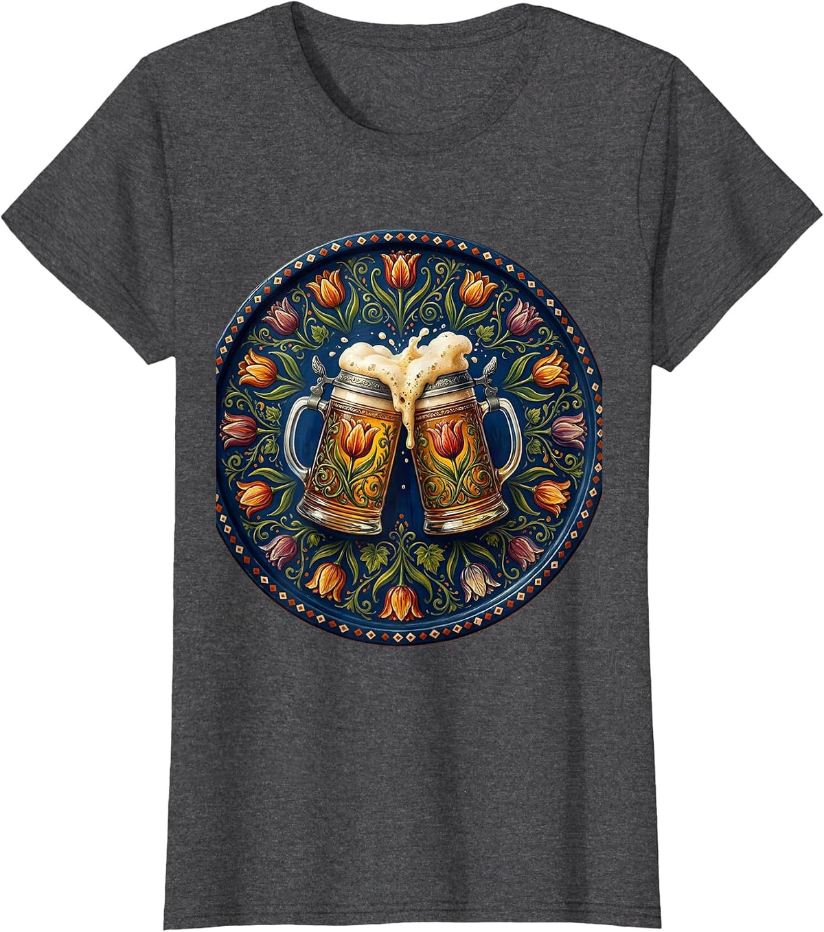Women's Clinking Beer Steins October Festival Graphic T-Shirt - Dark Heather Grey