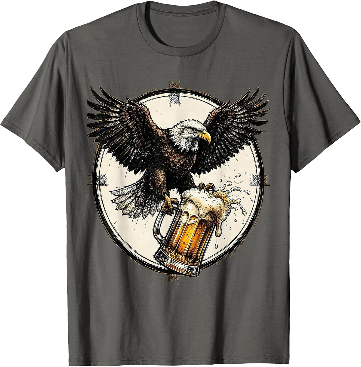 Eagle Gripping a Foamy Beer Stein Illustration T-Shirt - Asphalt Grey
