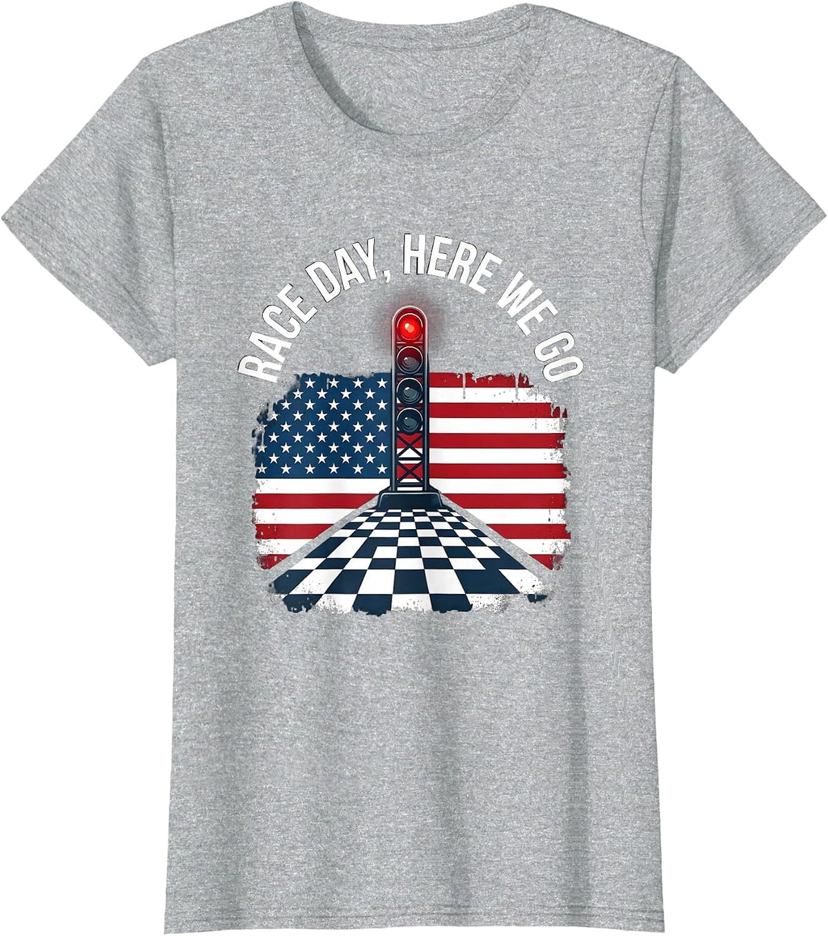 Women's Race Day Here We Go Patriotic Checkered Flag Drag Racing Fan T-Shirt - Heather Grey