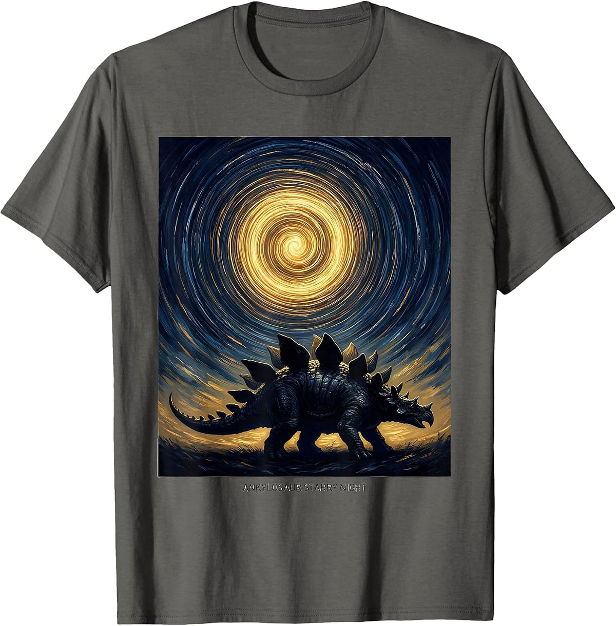 Ankylosaur Starry Night Whimsical Van Gogh Dinosaur Art T-Shirt - Asphalt Grey