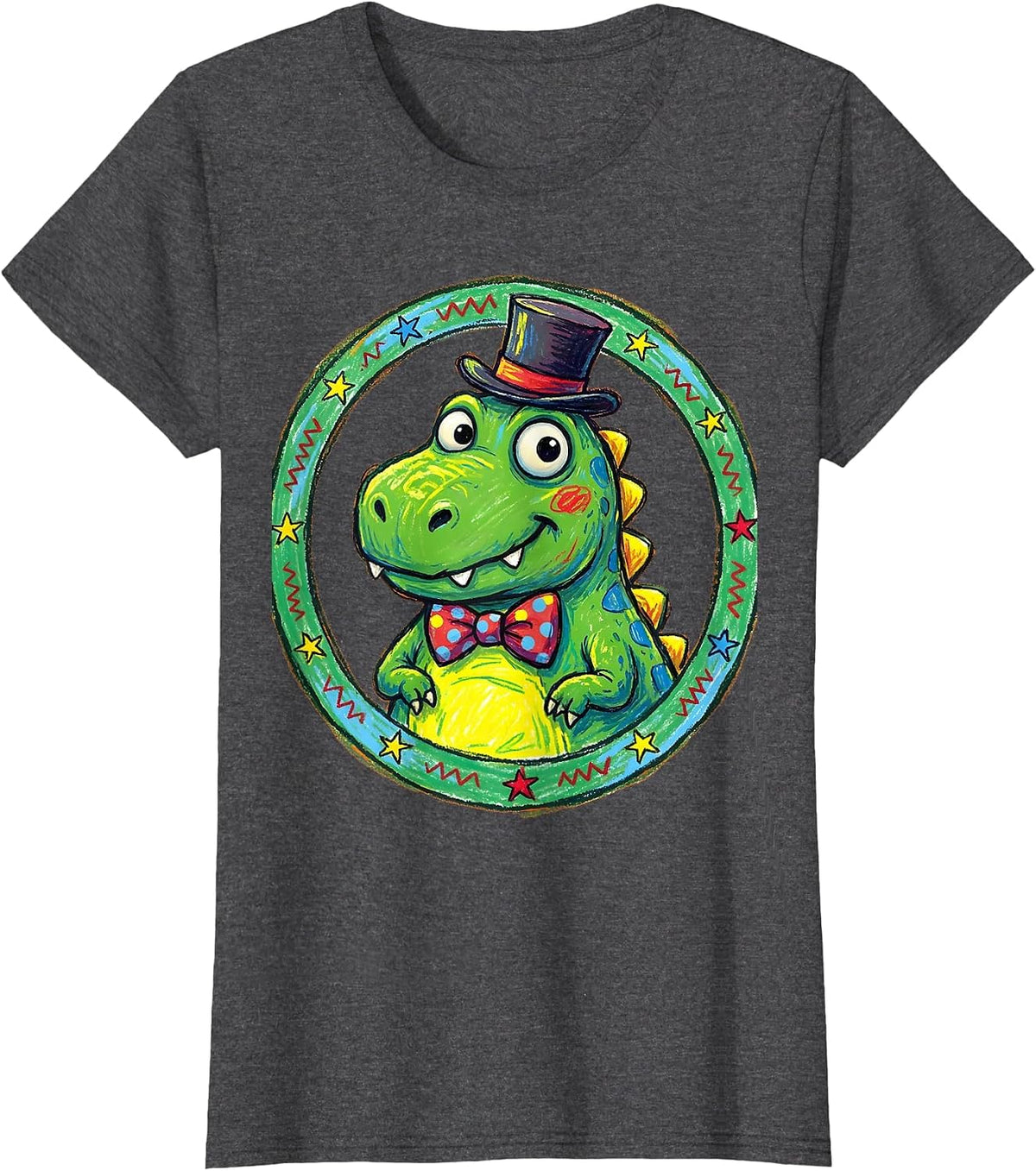 Women's Derpy Dinosaur Tiny Hat and Bowtie Illustration T-Shirt - Dark Heather Grey