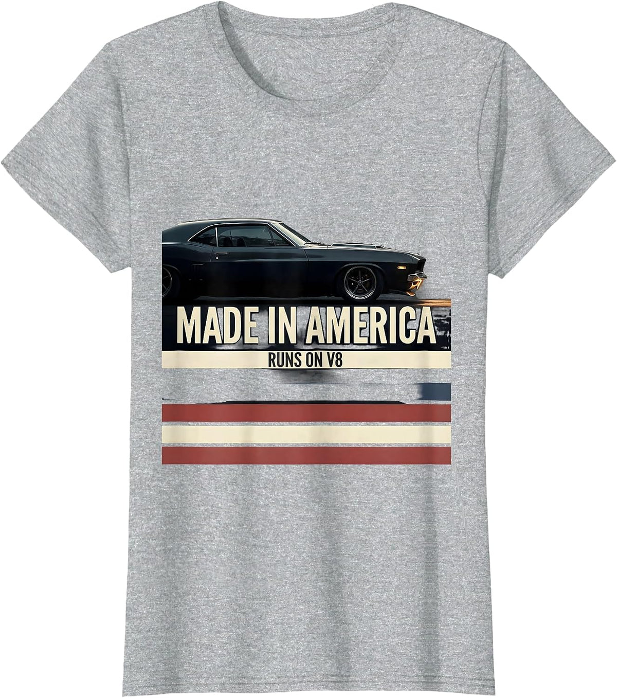 Women's Made In America, Runs On V8 Vintage Muscle Car Patriotic T-Shirt - Heather Grey