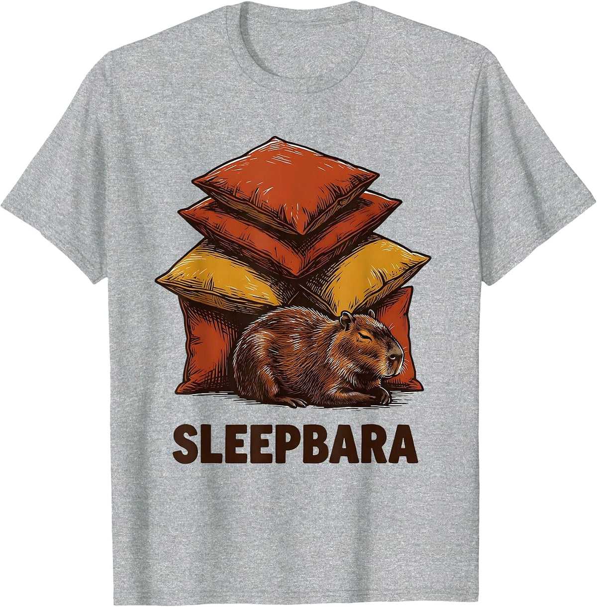 Men's Sleepbara Cute Capybara Sleep Lover Linocut Novelty T-Shirt - Heather Grey