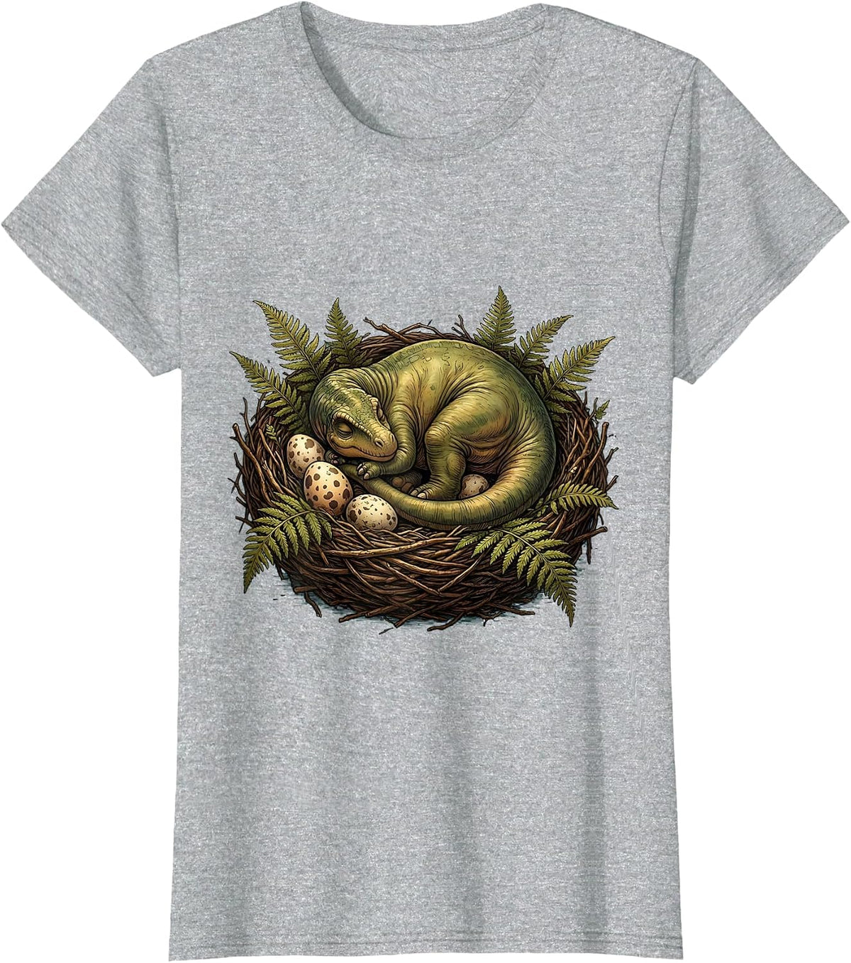 Baby Diplodocus Sleeping in Nest Dinosaur Graphic T-Shirt - Heather Grey