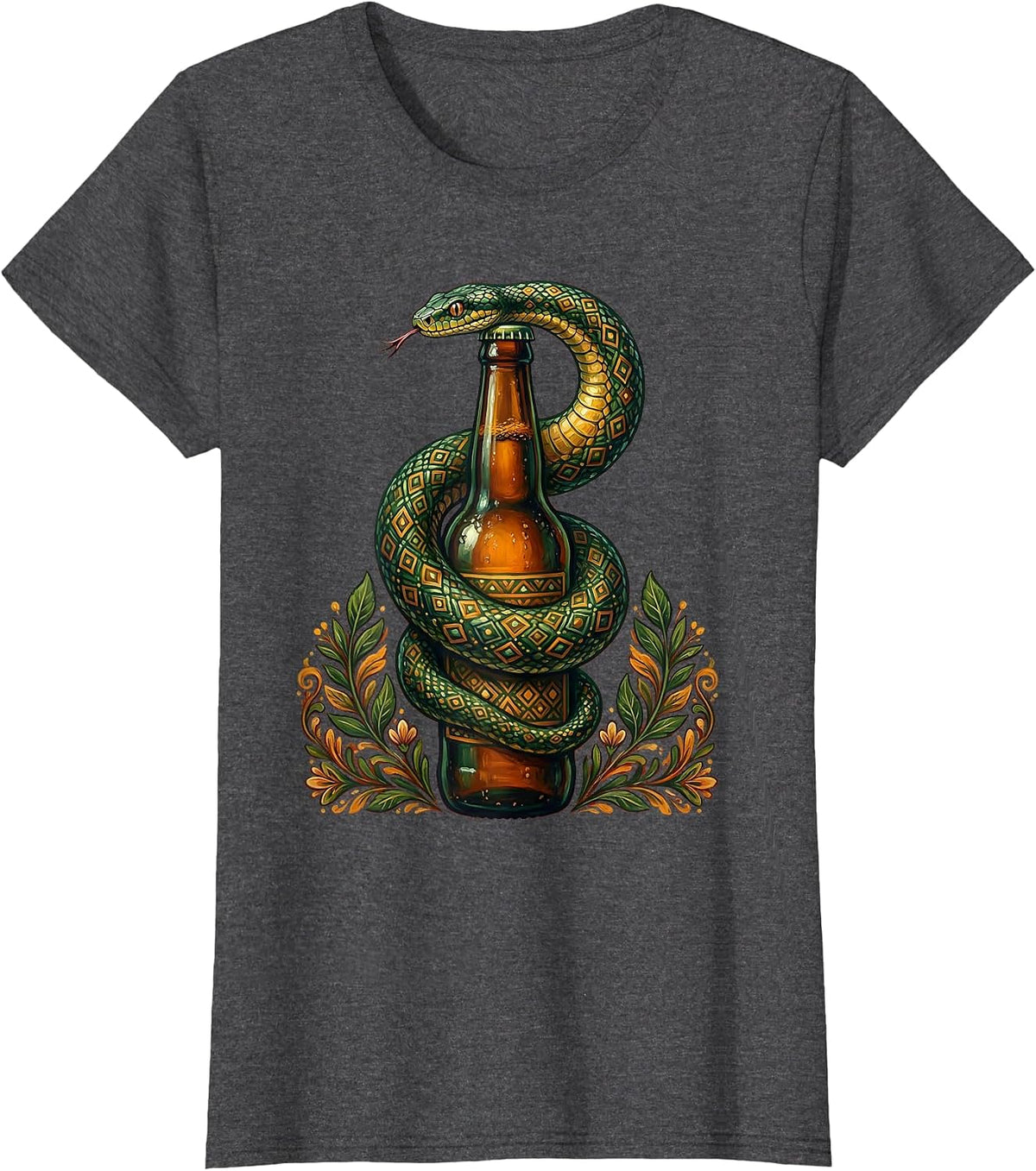 Women's Snake Coiled Around Beer Bottle Graphic T-Shirt - Dark Heather Grey