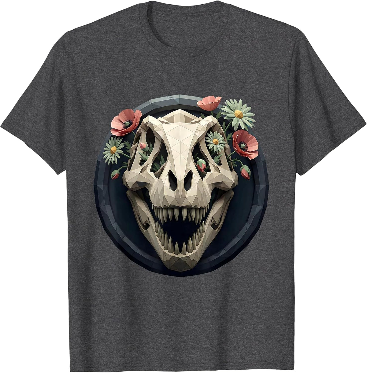 T-Rex Skull Floral Dinosaur Gothic Art Design T-Shirt - Dark Heather Grey