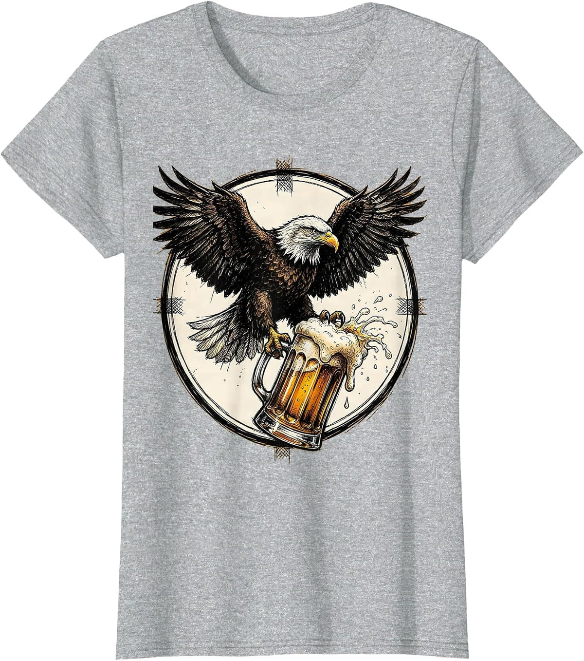 Eagle Gripping a Foamy Beer Stein Illustration T-Shirt - Heather Grey