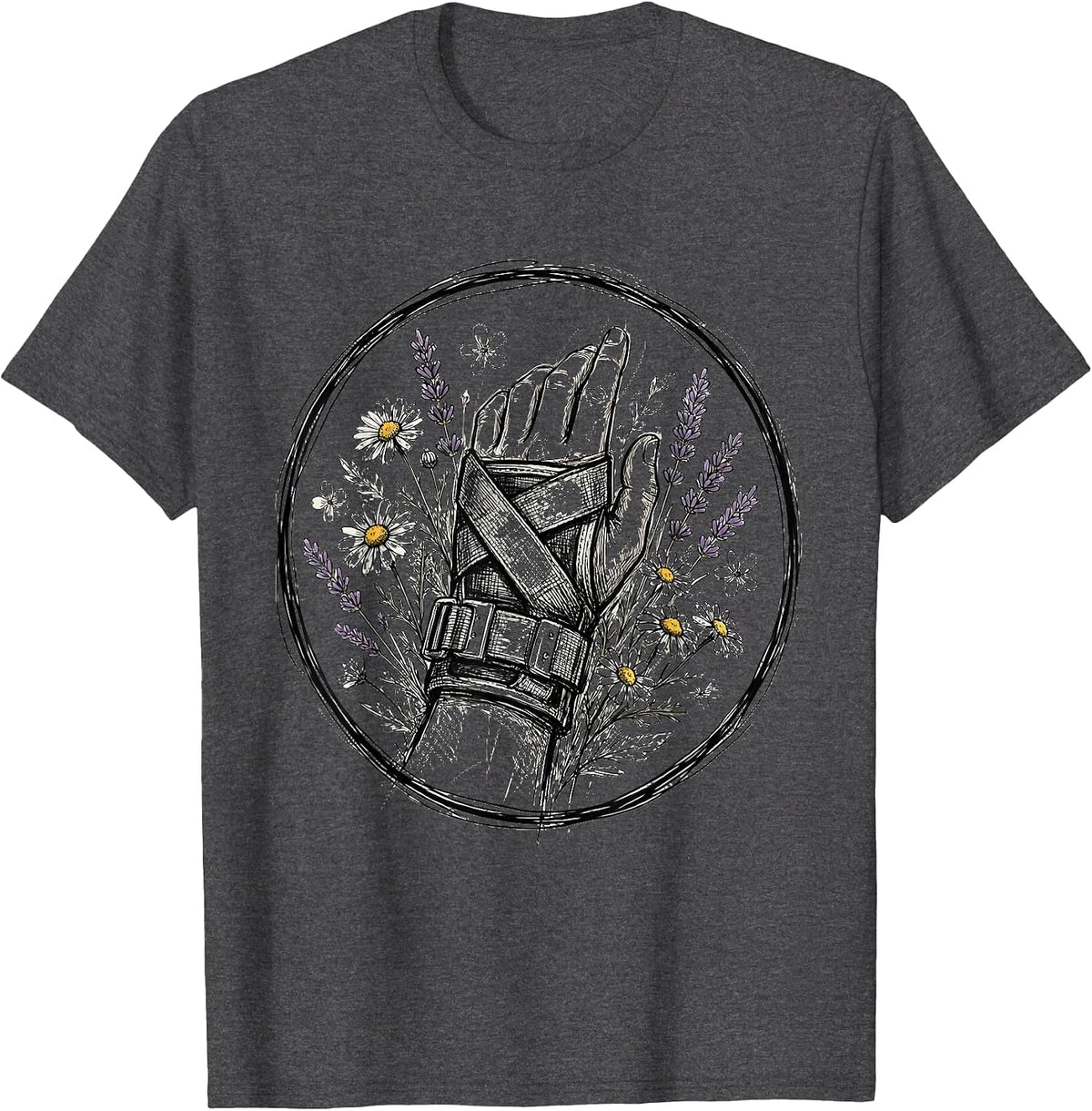 Occupational Therapy Hand Splint Floral Art T-Shirt - Dark Heather Grey