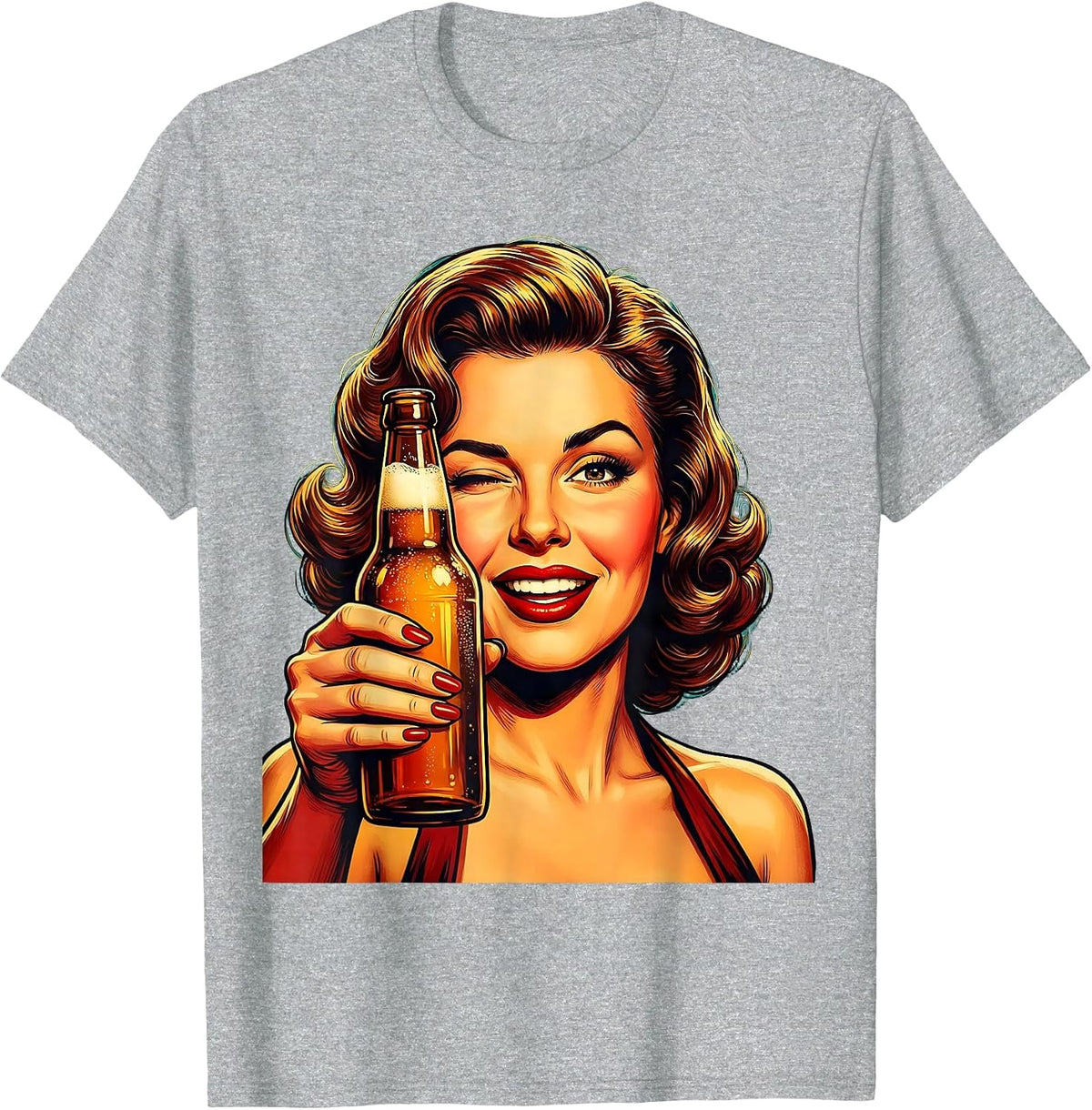 Men's Retro Winking Woman Beer Bottle Graphic T-Shirt - Heather Grey