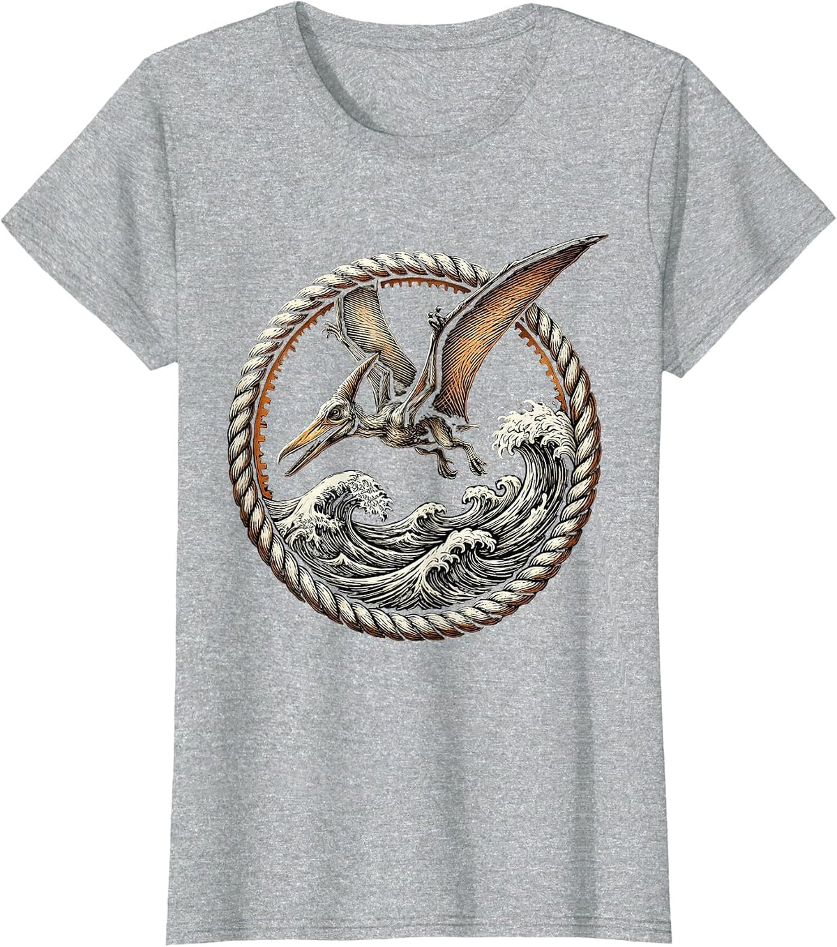 Pterodactyl Diving Over Ocean Waves Dinosaur T-Shirt - Heather Grey