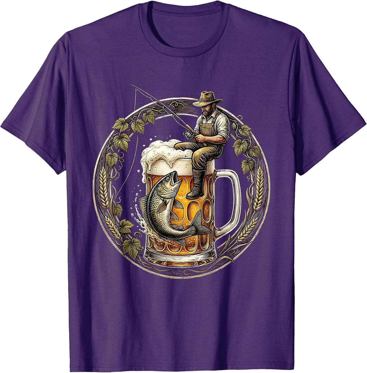Men's Fisherman Catching Fish in a Beer Glass T-Shirt - Purple