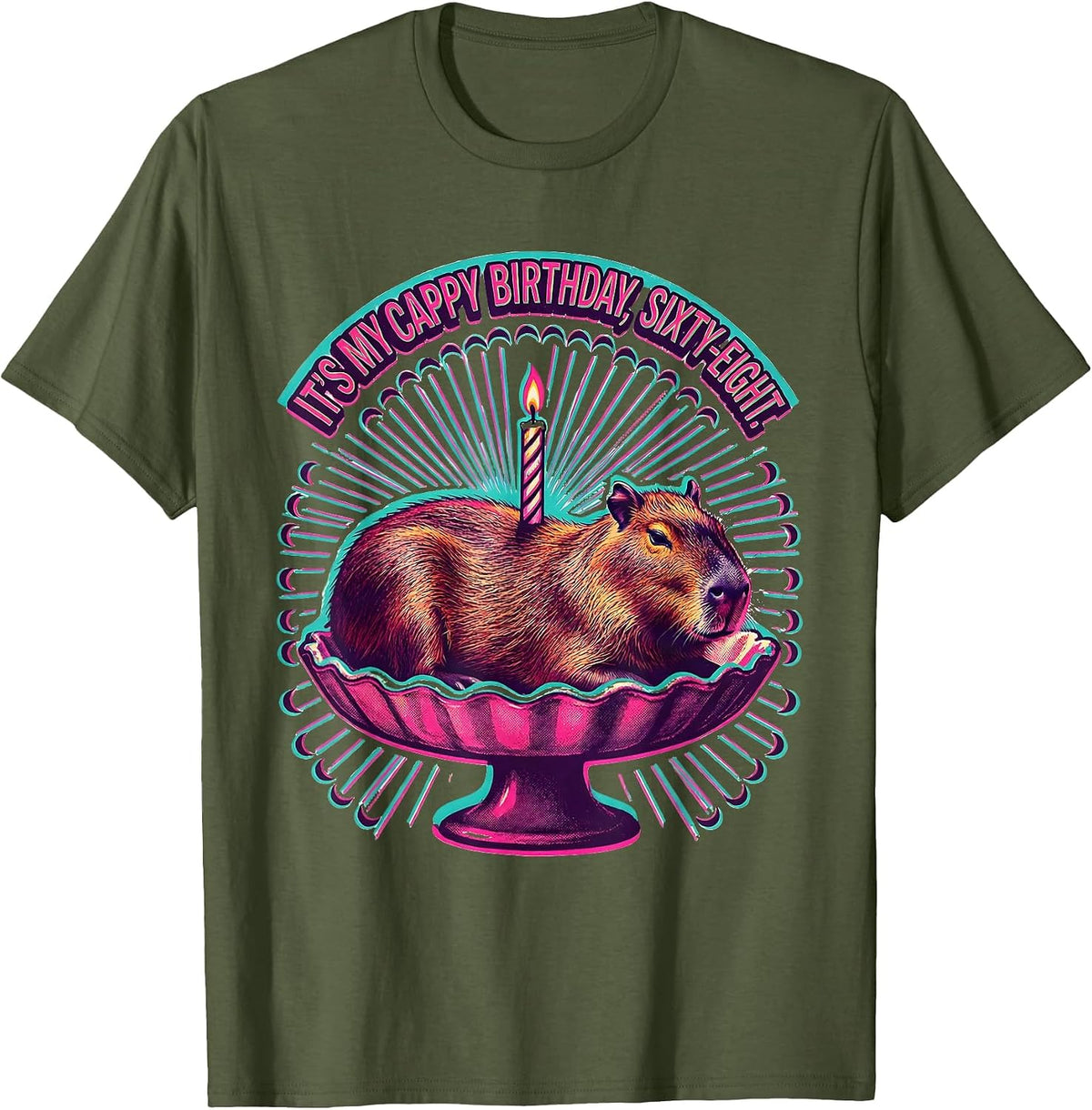 It's My Cappy Birthday Sixty-Eight Risograph Capybara T-Shirt - Olive Green
