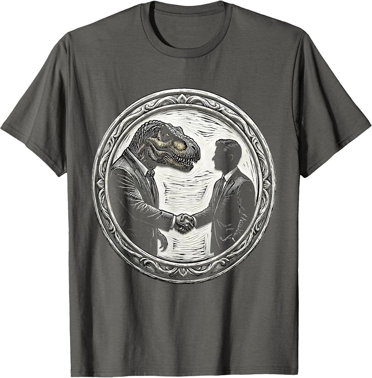 Dinosaur and Human Handshake in Suits Graphic T-Shirt - Asphalt Grey