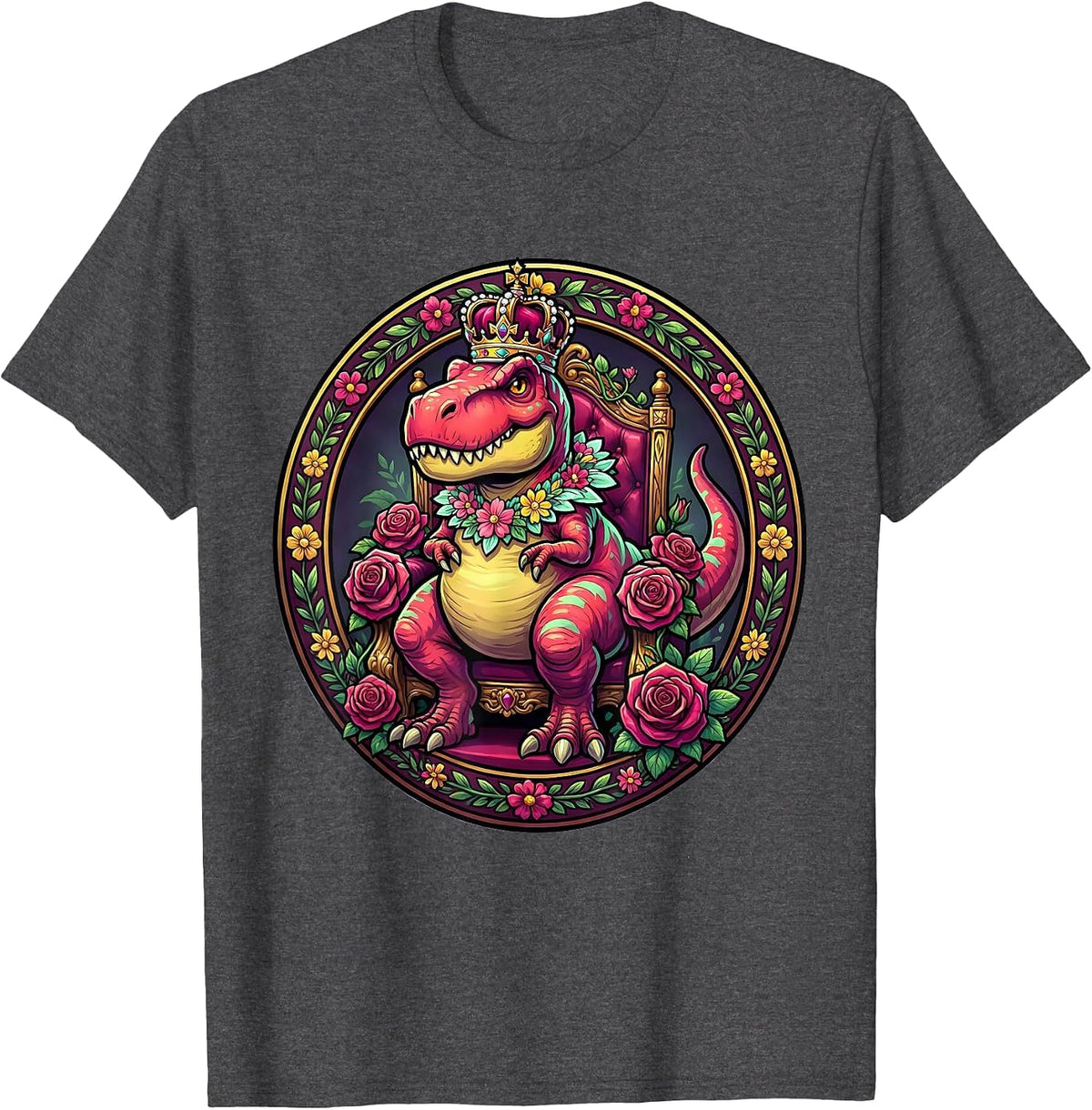 Dinosaur Queen Floral Throne Graphic T-Shirt - Dark Heather Grey