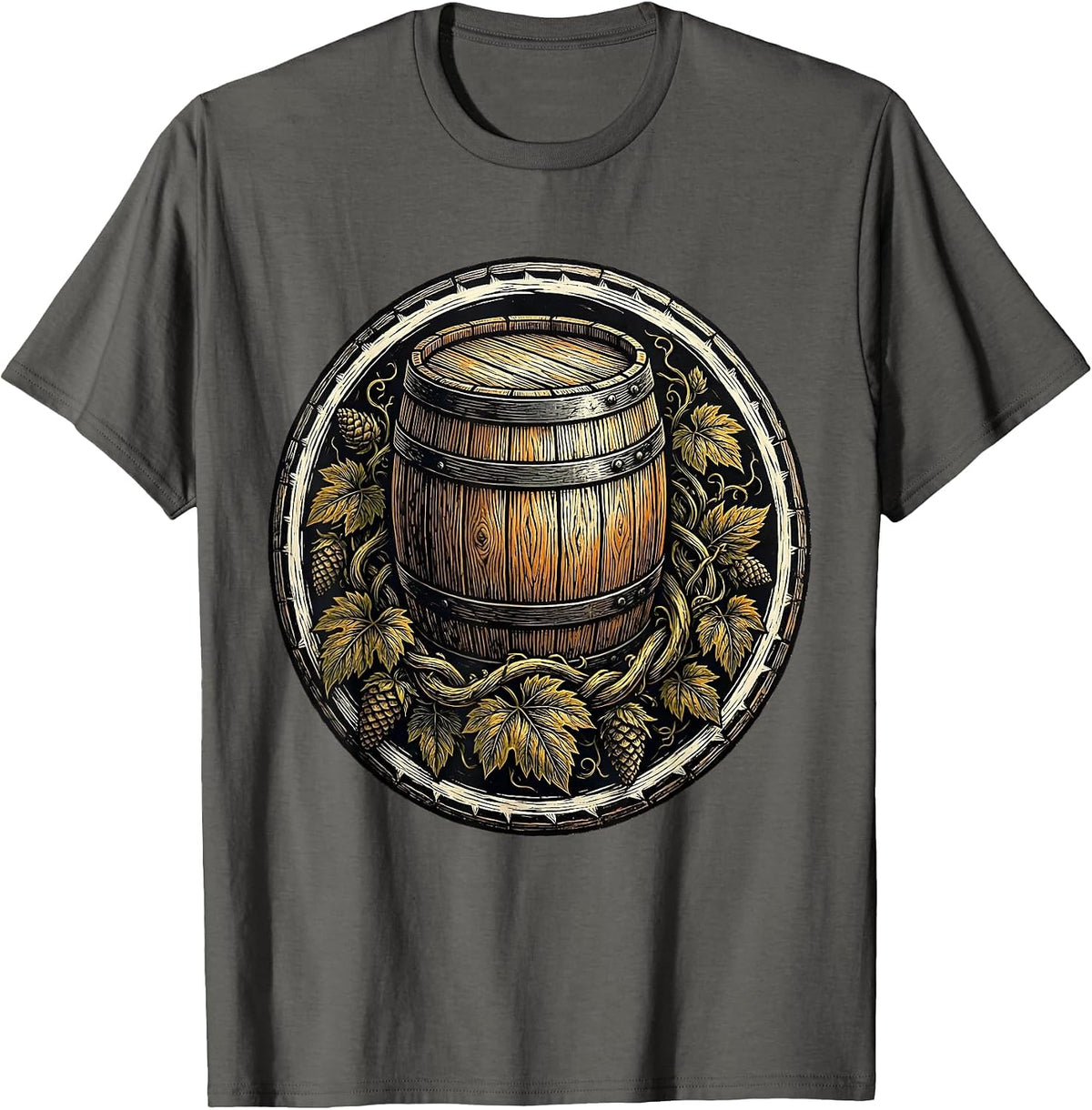 Hop Vines and Barrel Craft Beer Illustration T-Shirt - Asphalt Grey