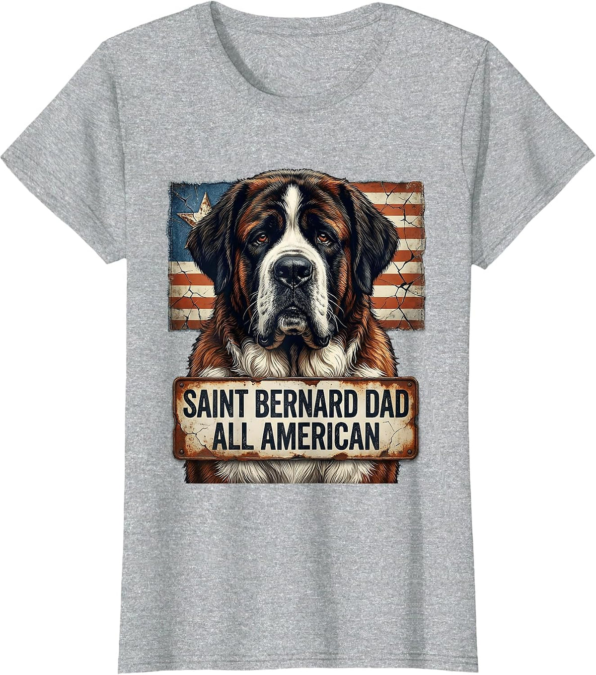 Women's Saint Bernard Dad, All American Distressed Patriotic Dog T-Shirt - Heather Grey