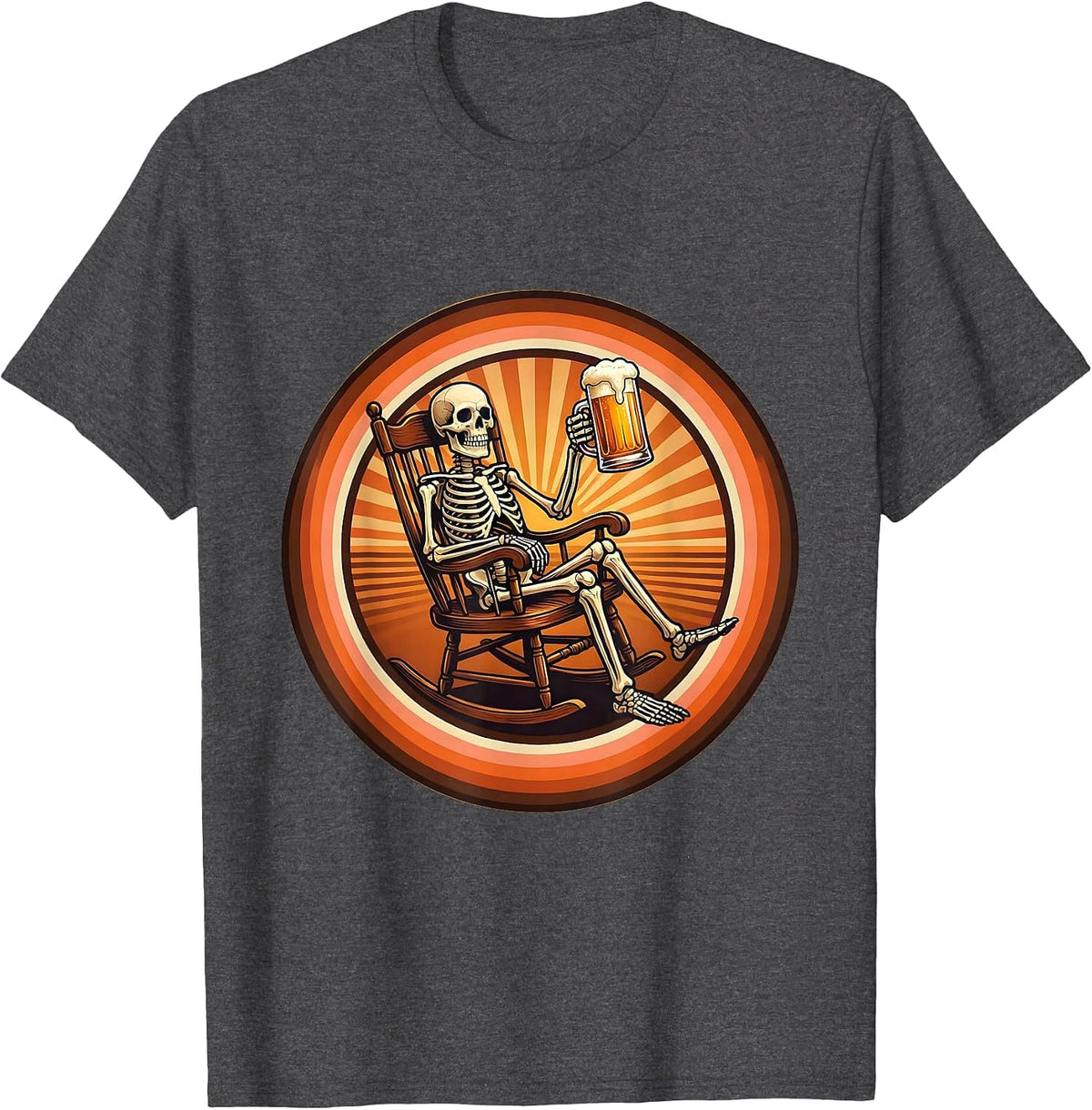Skeleton Rocking Chair Beer Drinking Illustration T-Shirt - Dark Heather Grey