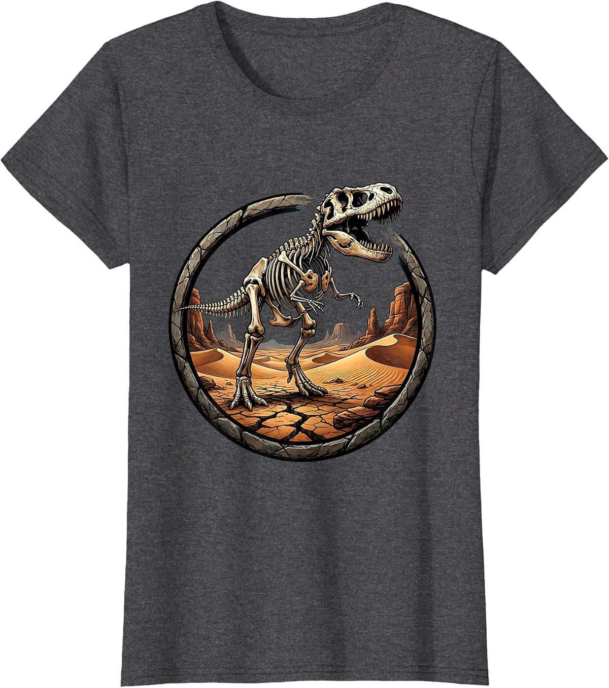 Women's Dinosaur Skeleton Emerging From Desert Ground T-Shirt - Dark Heather Grey