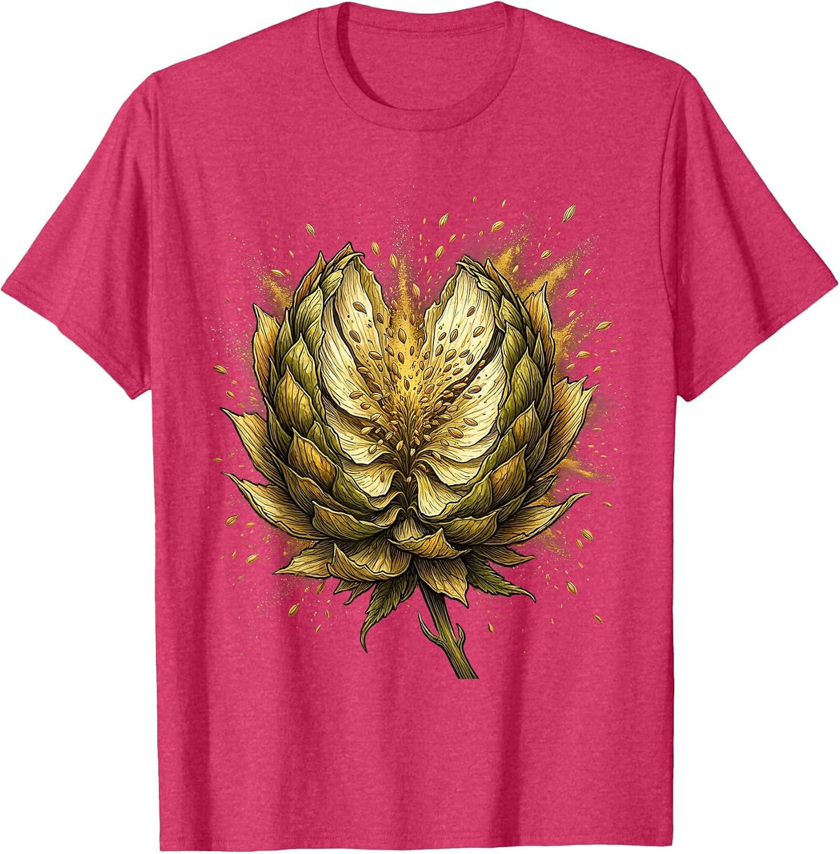 Hop Cone Burst Gold Dust Beer Art T-Shirt - Red Heather