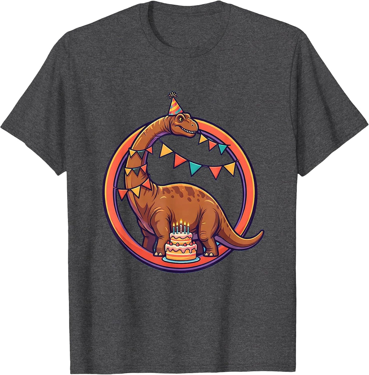 Brachiosaurus Birthday Banner Dinosaur Graphic T-Shirt - Dark Heather Grey