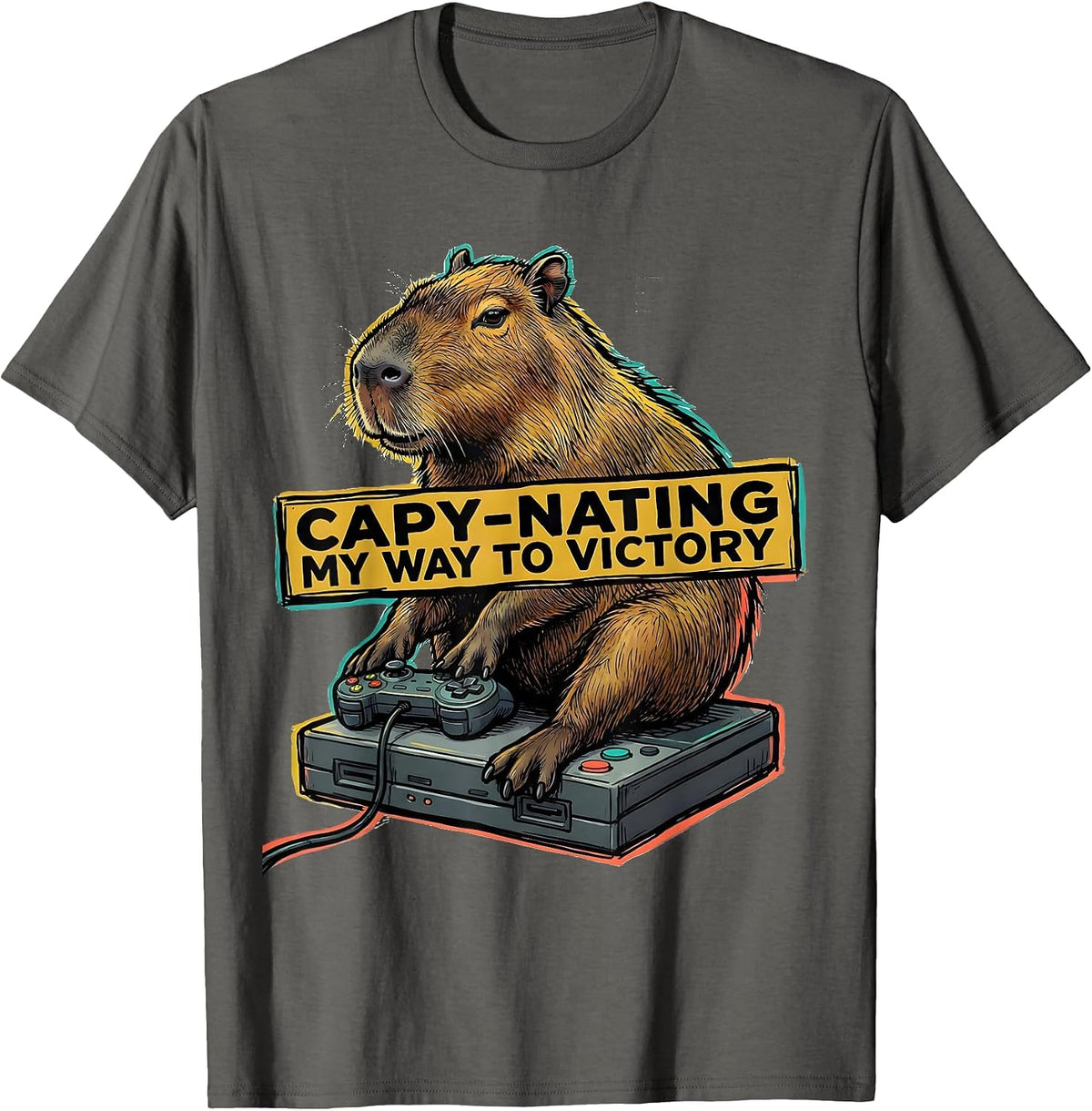 Capy-Nating My Way To Victory Funny Capybara Gamer Humor T-Shirt - Asphalt Grey