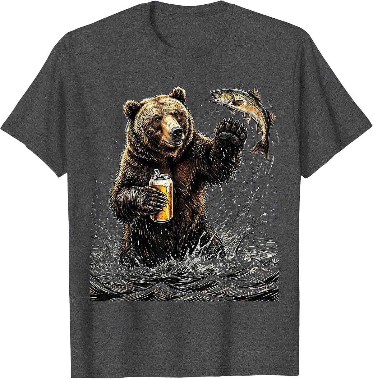 Grizzly Bear Fishing With Beer Graphic Tee T-Shirt - Dark Heather Grey