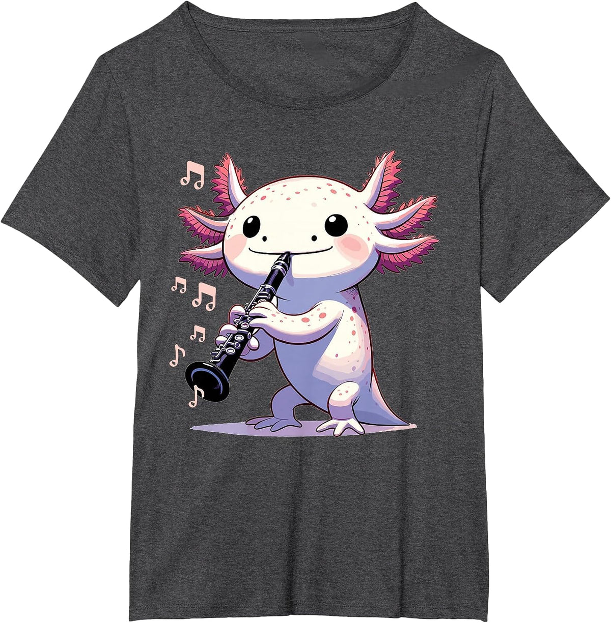 Cute Pink Kawaii Axolotl Playing Clarinet T-Shirt - Dark Heather Grey