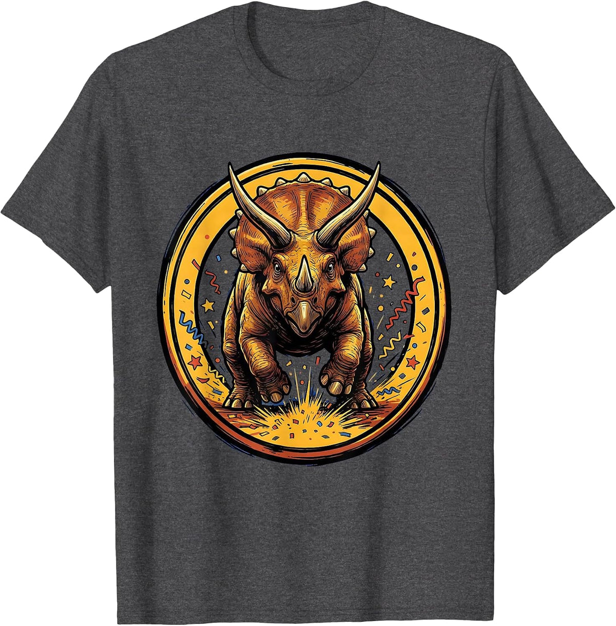 Triceratops Birthday Confetti Explosion Dinosaur T-Shirt - Dark Heather Grey
