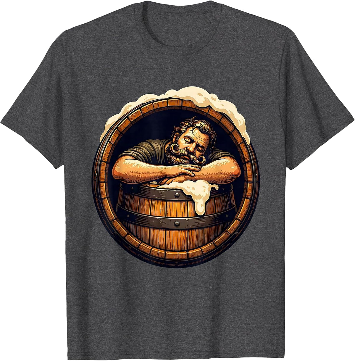 Men's Mustachioed Napping in Beer Barrel Illustration T-Shirt - Dark Heather Grey