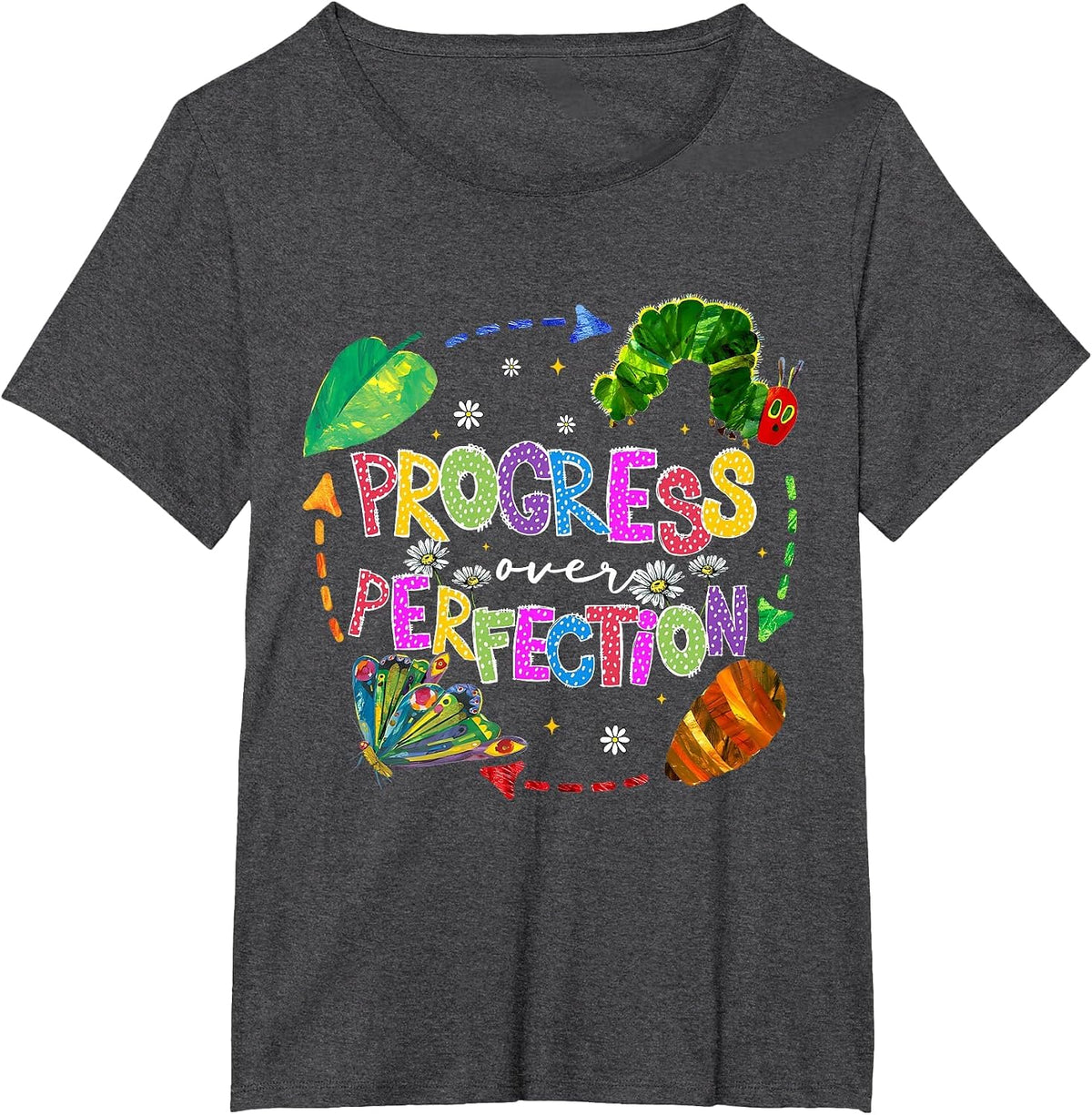 Progress Over Perfection Caterpillar Teacher Back to School T-Shirt - Dark Heather Grey