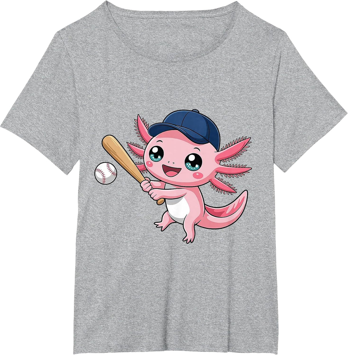 Cute Axolotl Playing Baseball Kid Kawaii Anime Axolotl T-Shirt - Heather Grey