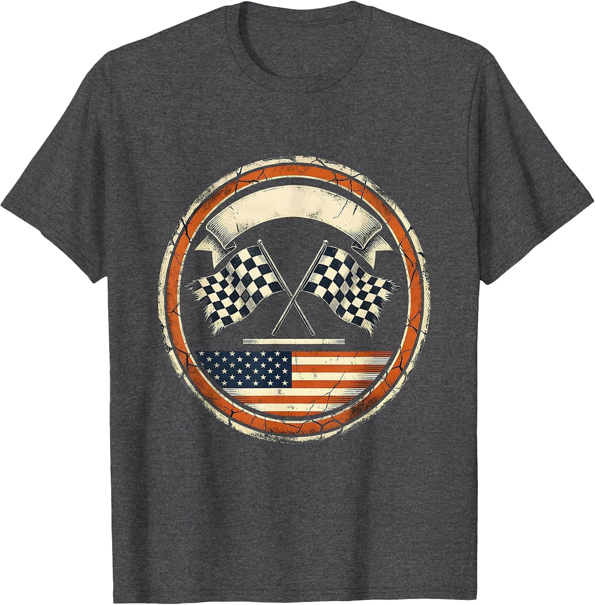 Men's Sealed Badge Distressed Racing Fan Checkered Flag T-Shirt - Dark Heather Grey