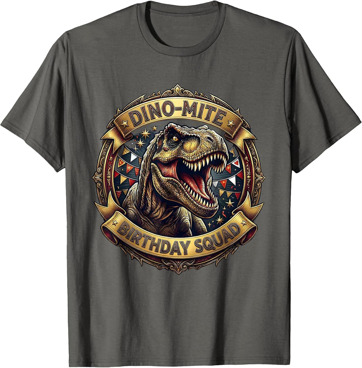 Men's Dino-Mite Birthday Squad Dinosaur Design T-Shirt - Asphalt Grey
