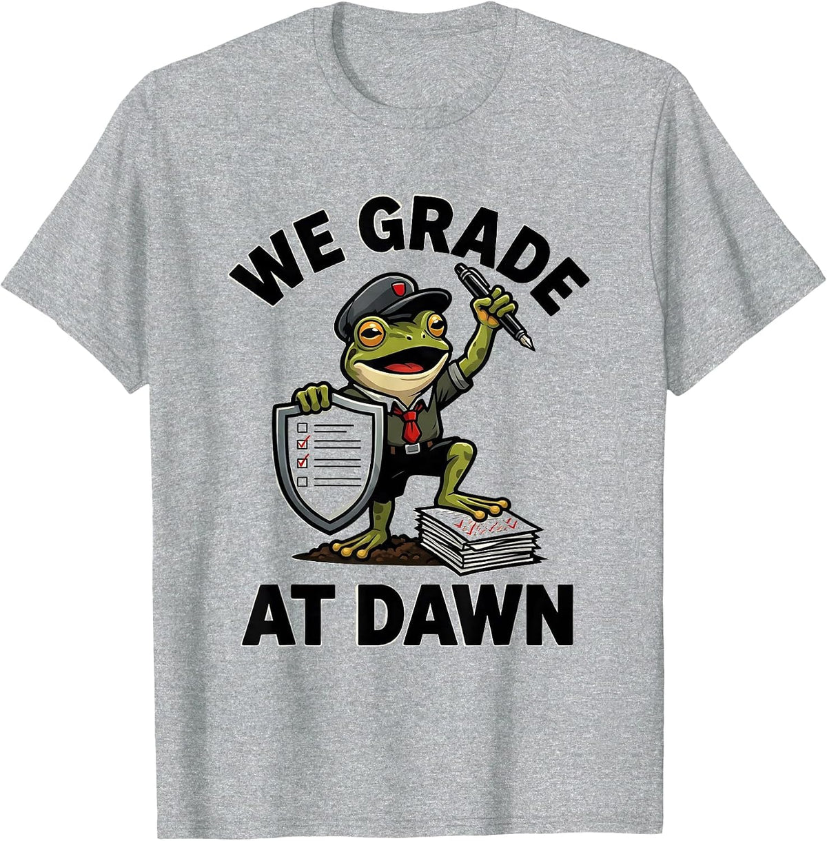 Men's We Grade At Dawn Funny Frog Teacher English Reader Back T-Shirt - Heather Grey