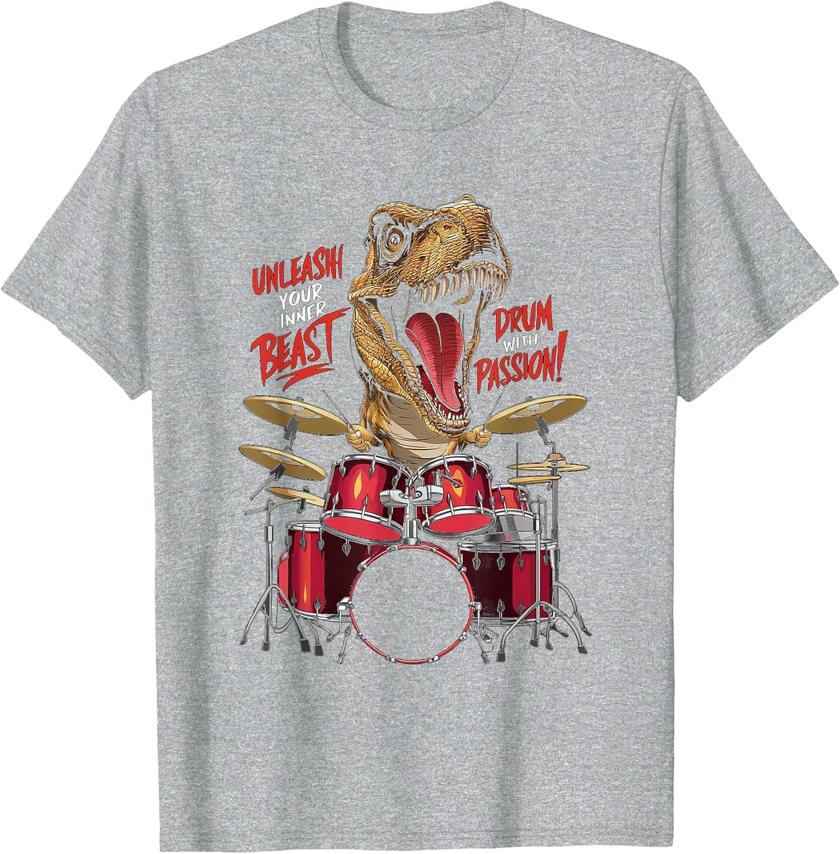 Cool Dinosaur Drummer - Boys Girls Kids Drummers T-Shirt - Heather Grey