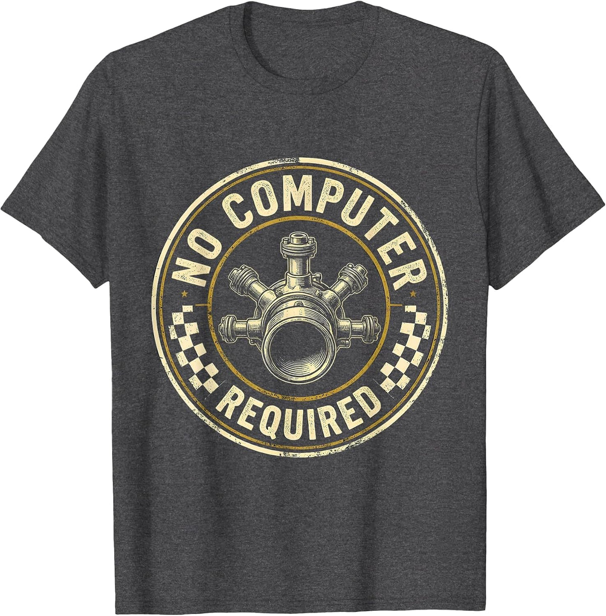 Men's No Computer Required Vintage Muscle Car Racing Enthusiast T-Shirt - Dark Heather Grey