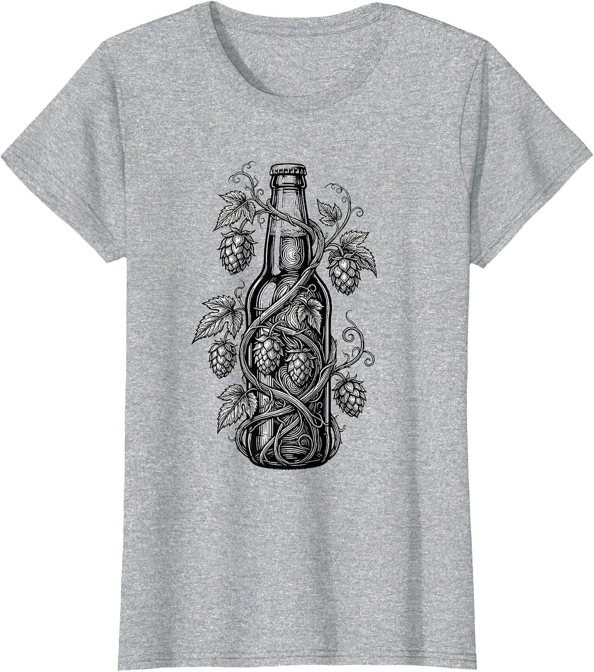 Women's Hop Vine Wrapped Beer Bottle Illustration T-Shirt - Heather Grey