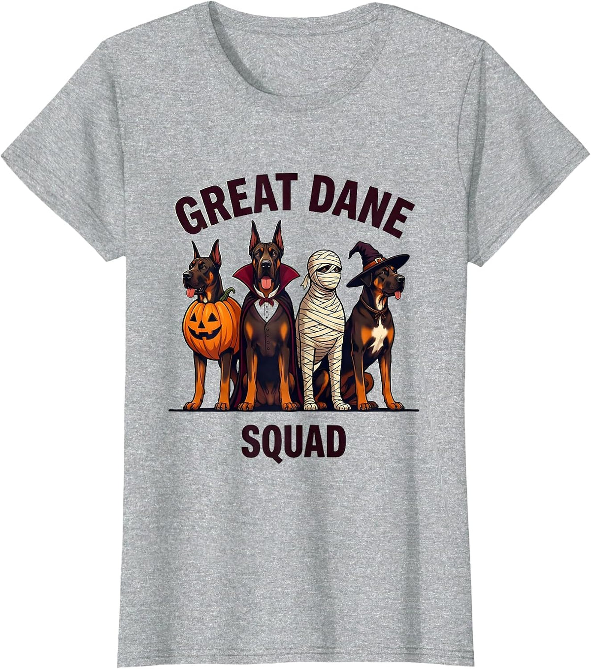Great Dane Squad Halloween Pumpkin Vampire Mummy Witch Dog T-Shirt - Heather Grey