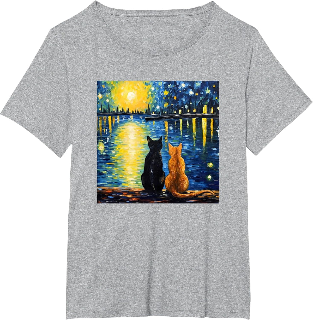 Two Cats Starry Night Lover Cat Art Painting Kitten Van Gogh T-Shirt - Heather Grey