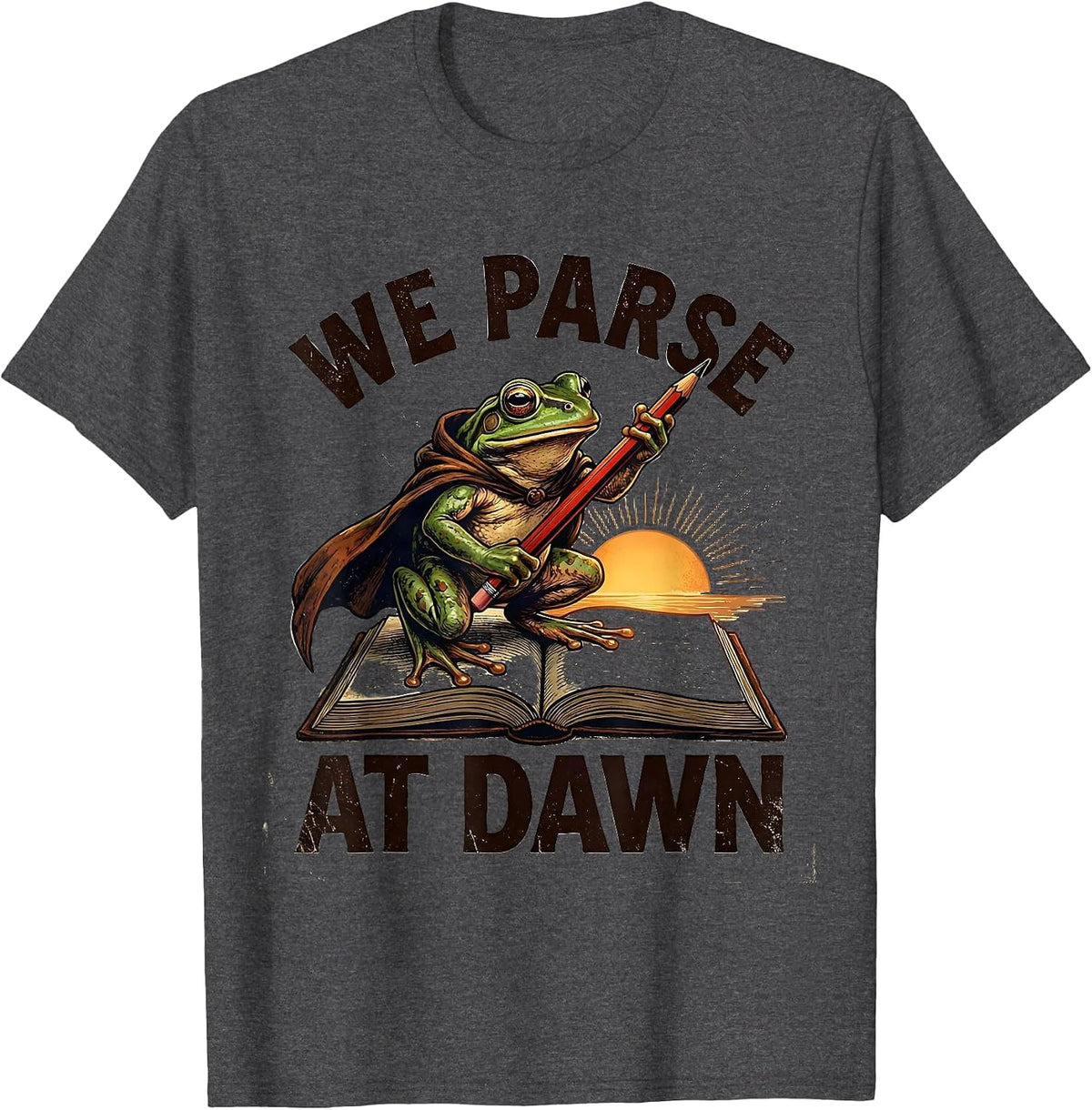 Men's We Parse At Dawn Vintage Frog Teacher English Reader Humor T-Shirt - Dark Heather Grey