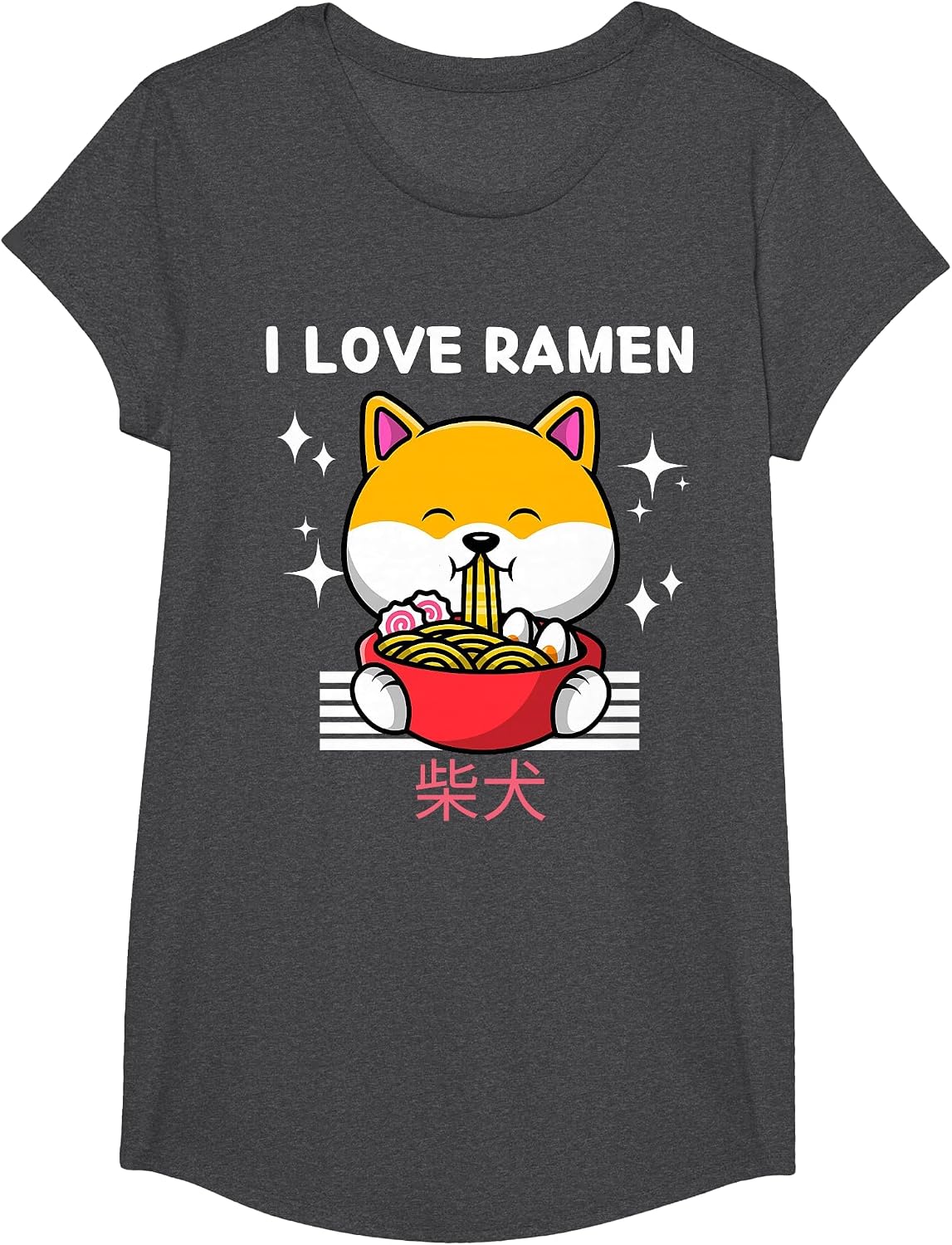 I Love Ramen Cute Kawaii Shiba Inu Eats Ramen Japanese Anime T-Shirt - Girls Dark Heather Grey