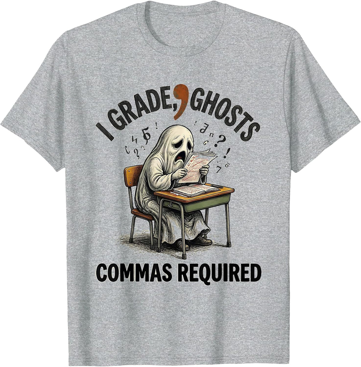 Men's I Grade Ghosts Commas Required Funny Grammar Teacher Humor T-Shirt - Heather Grey