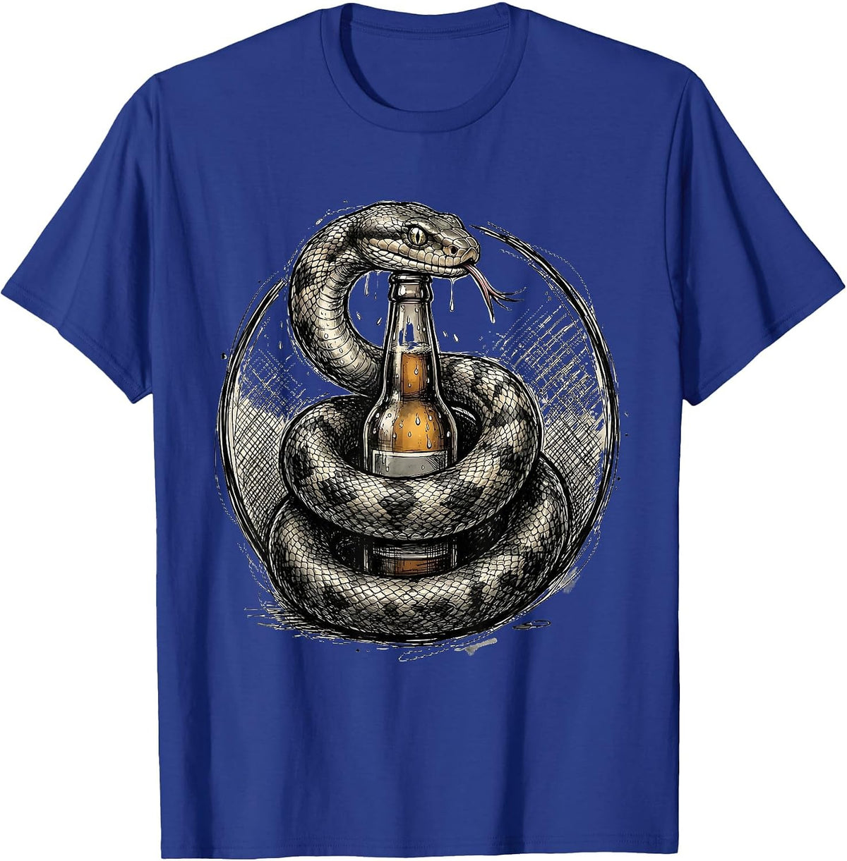 Snake Coiled Around Beer Bottle Graphic T-Shirt - Royal Blue