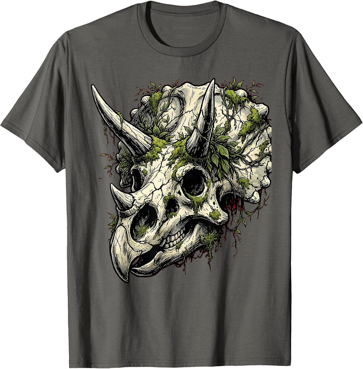 Mossy Triceratops Skull Dinosaur Illustration T-Shirt - Asphalt Grey