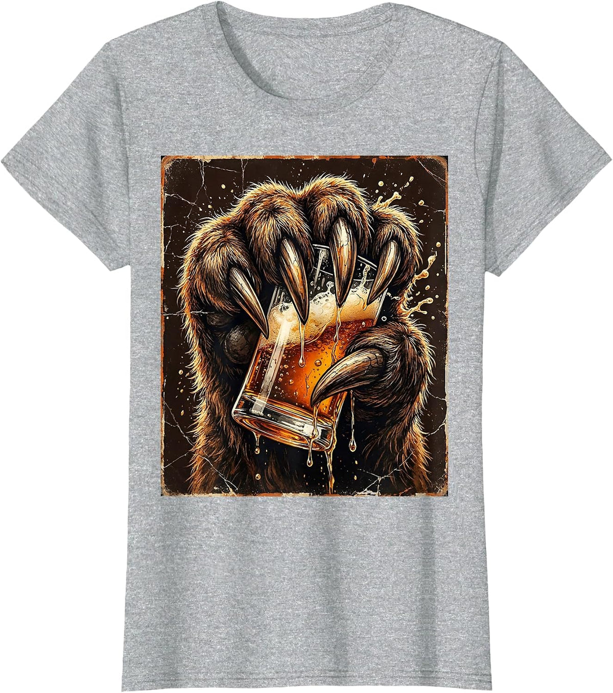 Bear Paw Gripping a Pint Glass Graphic Design T-Shirt - Heather Grey