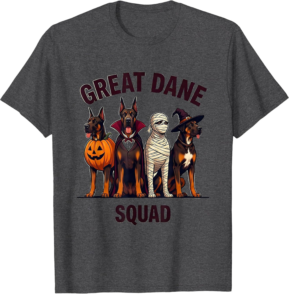 Great Dane Squad Halloween Pumpkin Vampire Mummy Witch Dog T-Shirt - Dark Heather Grey