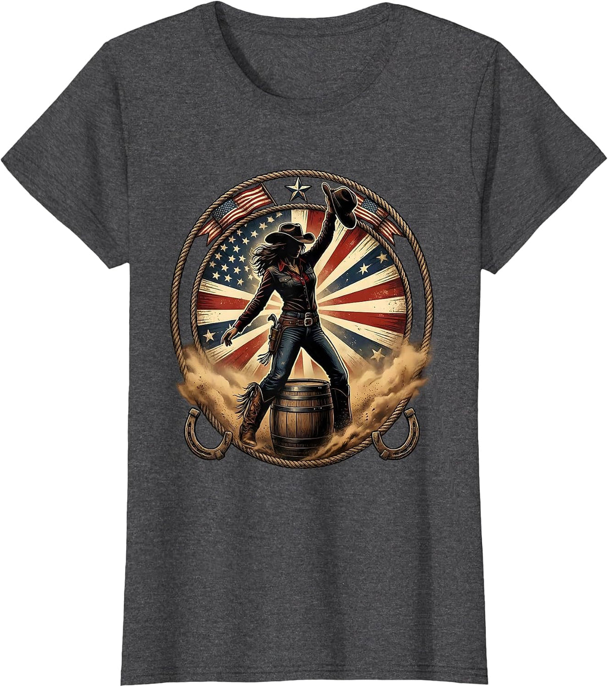 Women's Cowgirl Barrel Racing Dust Cloud Illustration T-Shirt - Dark Heather Grey
