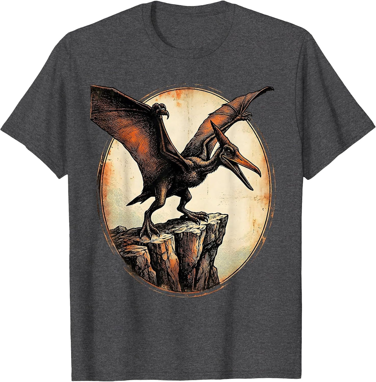 Men's Pterodactyl Cliff Perch Prehistoric Dinosaur Design T-Shirt - Dark Heather Grey