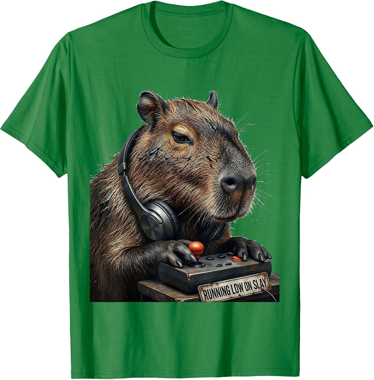 Men's running low on slay Distressed Capybara Gamer Meme Humor T-Shirt - Kelly Green